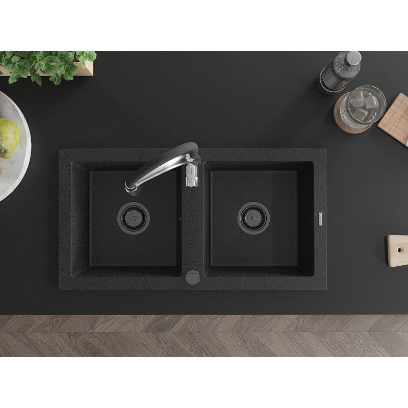 Mexen Mario granito plautuvė 2-jų skyrių su virtuviniu maišytuvu Aster, juodas/sidabrinis metalikas - 6504-73-73450-07-B