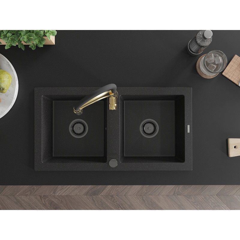 Mexen Mario granitinė dviejų skyrių plautuvė su virtuviniu maišytuvu Aster, juoda/sidabrinė metalo spalva