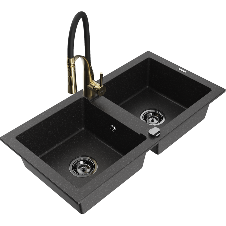Mexen Mario granitinė dviejų skyrių plautuvė su virtuviniu maišytuvu Aster, juoda/sidabrinė metalo spalva
