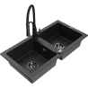 Mexen Mario granitinė dviejų skyrių plautuvė su virtuviniu maišytuvu Aster, juoda/sidabrinė metalo spalvos