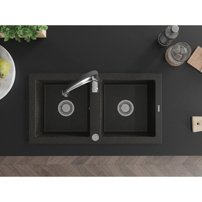 Mexen Mario granitinė dviejų skyrių plautuvė su virtuviniu maišytuvu Aster, juoda/auksinė metalo spalva - 6504-75-73450-07