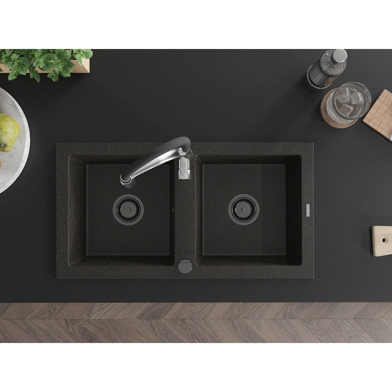 Mexen Mario granitinė dviejų skylių virtuvės kriauklė su maišytuvu Aster, juoda/auksinis metalikas - 6504-75-73450-07-B
