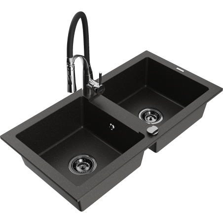 Mexen Mario 2 skylių granitinė kriauklė su virtuviniu maišytuvu Aster, juoda/auksinis metalikas - 6504-75-73450-07-B