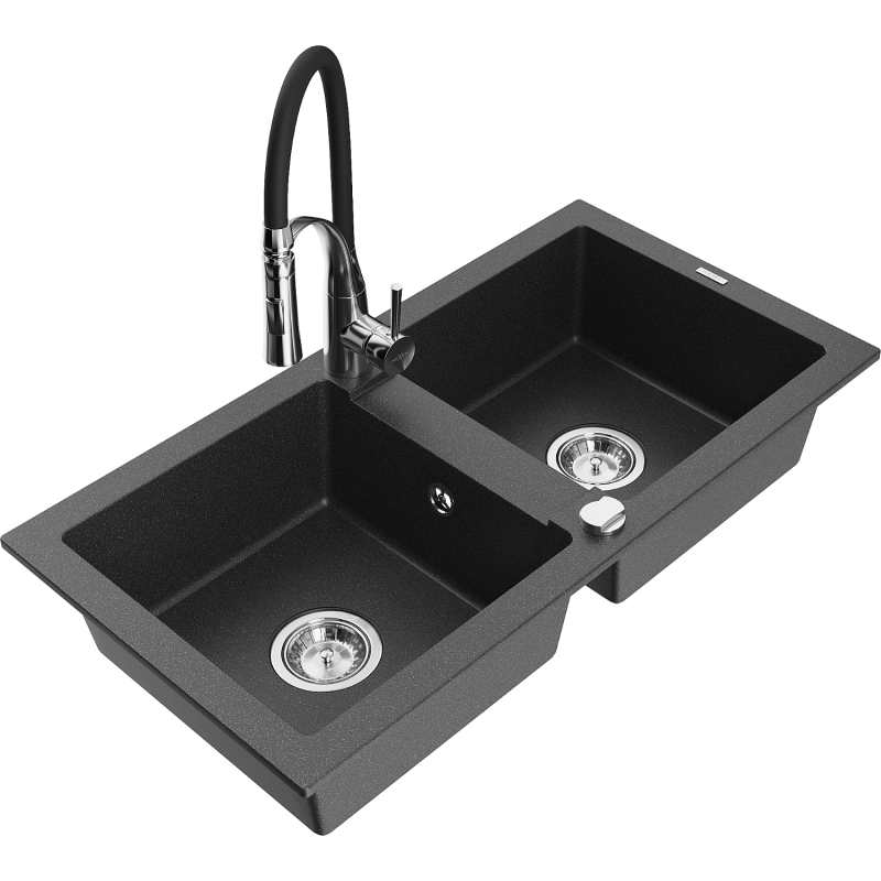 Mexen Mario granito plautuvė su dviem dubenimis ir virtuviniu maišytuvu Aster, juoda su taškeliais - 6504-76-73450-07