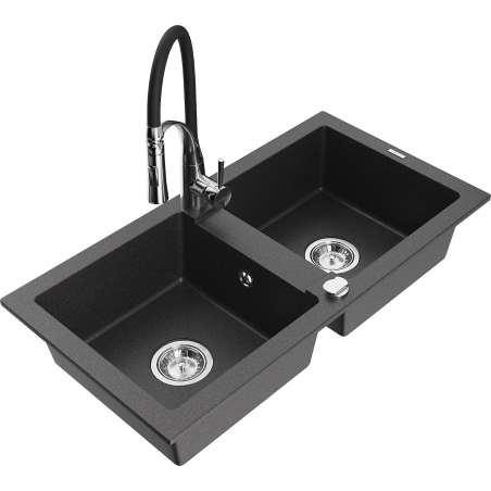 Mexen Mario granito plautuvė su dviem dubenimis ir virtuviniu maišytuvu Aster, juoda su taškeliais - 6504-76-73450-07