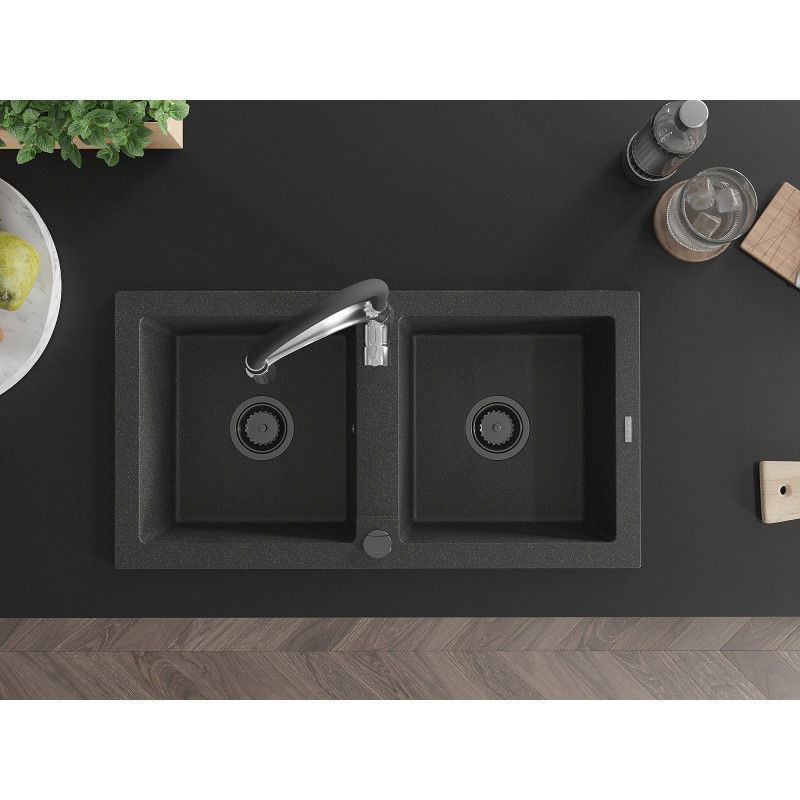 Mexen Mario granitinis dviejų skyrių plautuvė su virtuviniu maišytuvu Aster, juodas taškuotas - 6504-76-73450-07-B