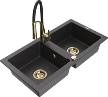 Mexen Mario granitinė dviejų skyrių kriauklė su virtuviniu maišytuvu Aster, juoda su taškeliais - 6504-76-73450-57-G