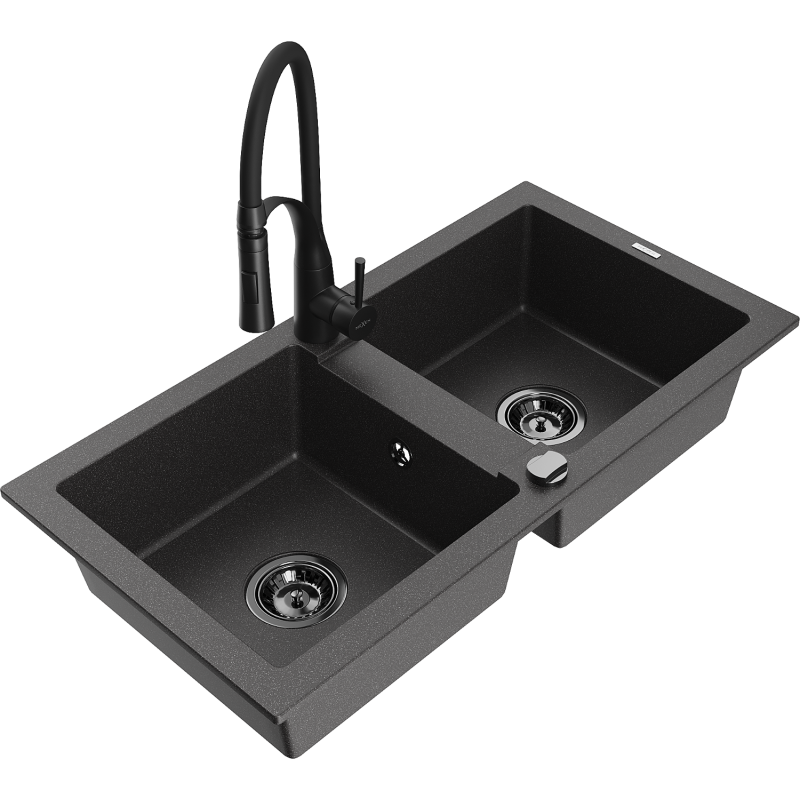 Mexen Mario granitinė dviejų skyrių plautuvė su virtuviniu maišytuvu 'Aster', juoda su taškeliais - 6504-76-73450-70-B
