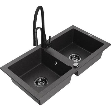 Mexen Mario granitinė dviejų skyrių plautuvė su virtuviniu maišytuvu 'Aster', juoda su taškeliais - 6504-76-73450-70-B