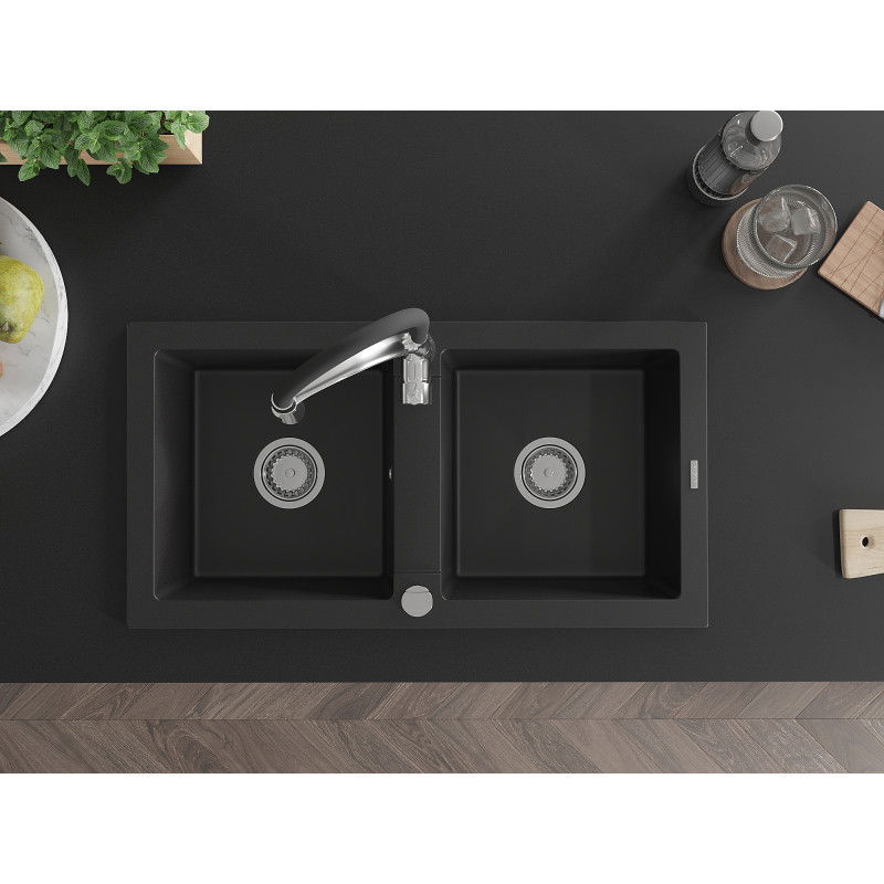 Mexen Mario granito virtuvinis plautuvės su čiaupu Aster, juodas - 6504-77-73450-07