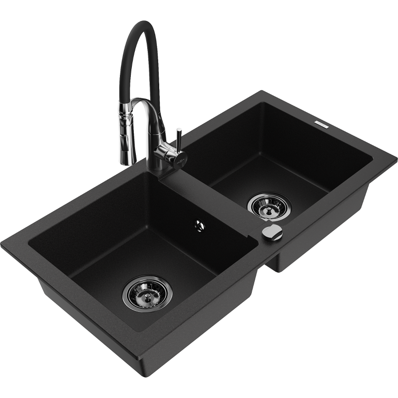 Mexen Mario granito plautuvas 2 skyrių su virtuviniu maišytuvu Aster, juodas - 6504-77-73450-07-B