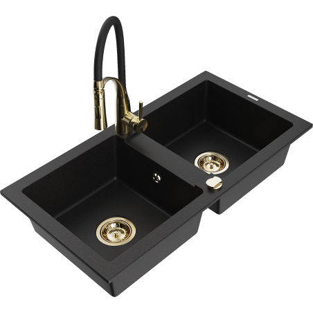 Mexen Mario granitinė dviejų skyrių kriauklė su virtuviniu čiaupu Aster, juoda - 6504-77-73450-57-G
