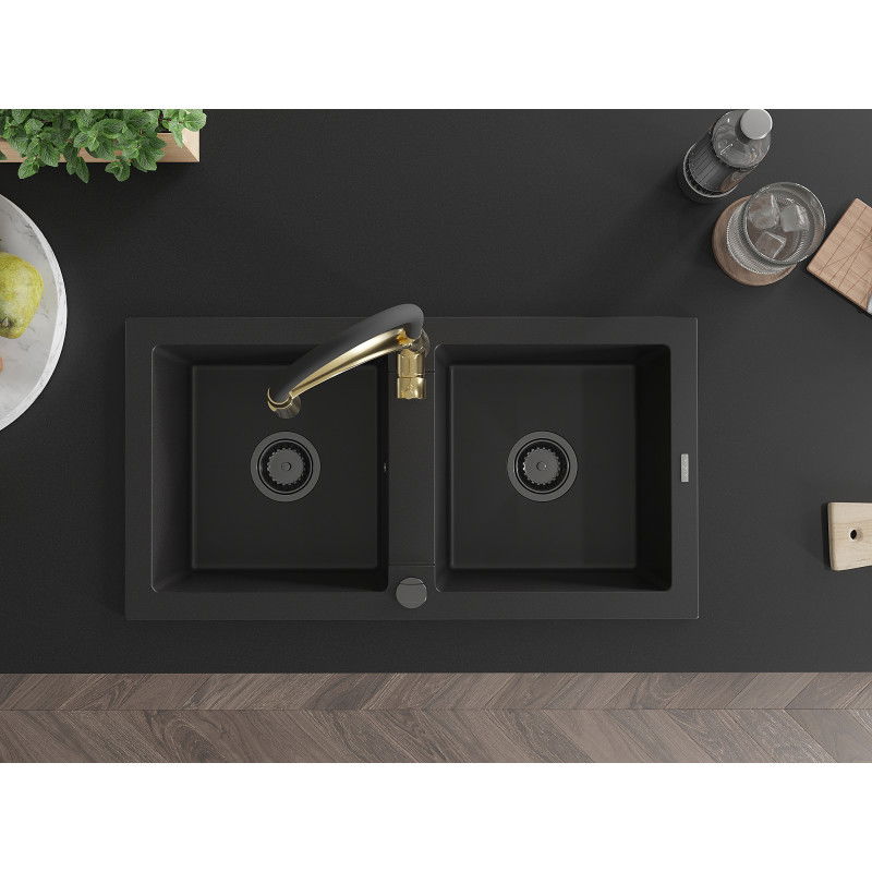 Mexen Mario granitinė dviejų skyrių plautuvė su virtuviniu maišytuvu Aster, juoda - 6504-77-73450-57-B