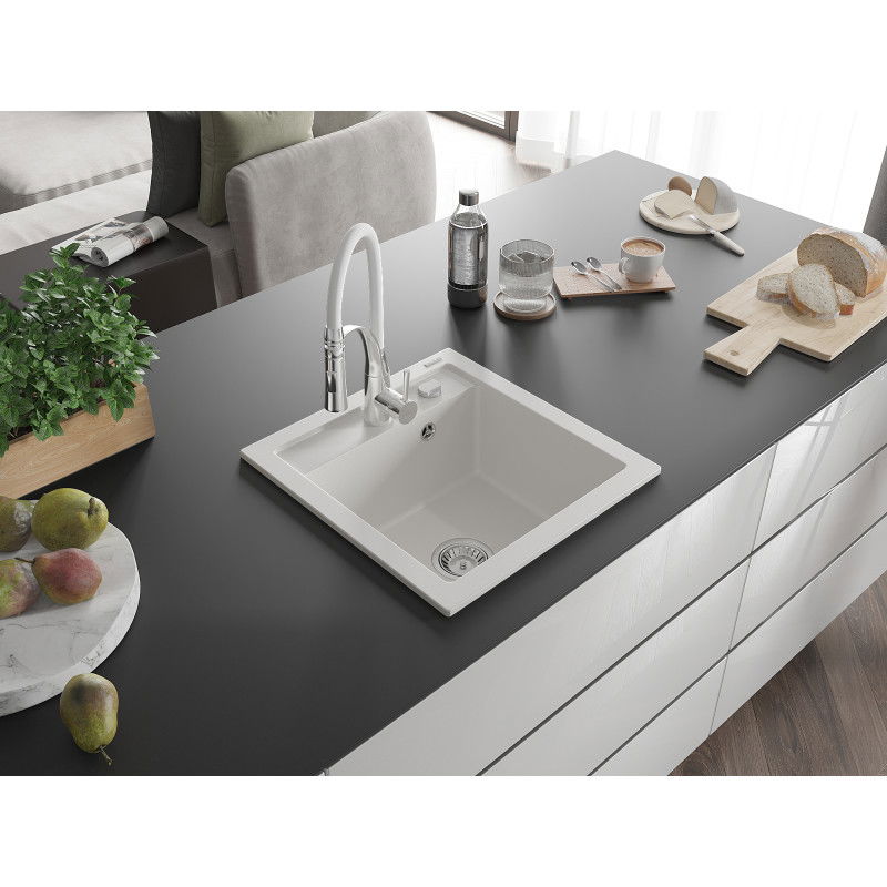 Mexen Vito granitinis virtuvės kriauklė su vienu skyriumi ir virtuves maišytuvu Aster, baltas - 6503-20-73450-02