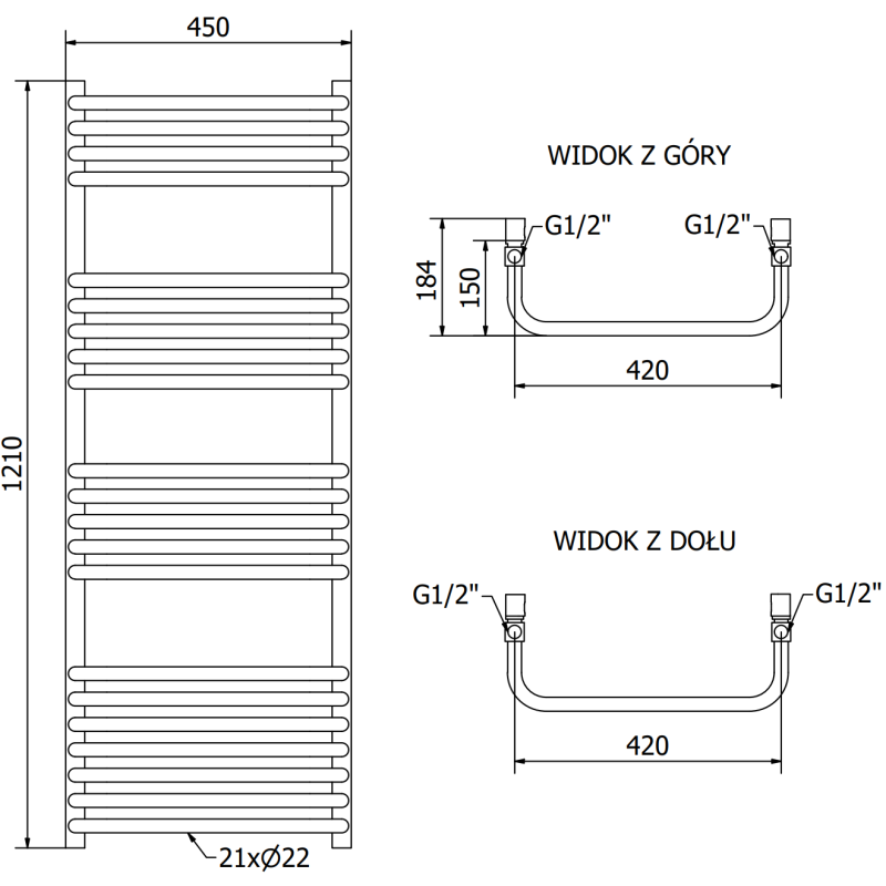 Mexen Apollo rankšluosčių džiovintuvas 1210 x 450 mm, 566 W, juodas - W117-1210-450-00-70