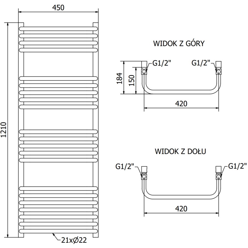 Mexen Apollo vonios radiatorių 1210 x 450 mm, 566 W, juodas - W117-1210-450-00-70