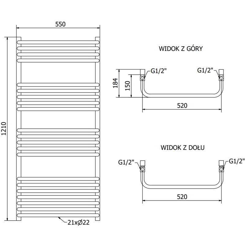 Mexen Apollo vonios radiatorių 1210 x 550 mm, 641 W, baltas - W117-1210-550-00-20