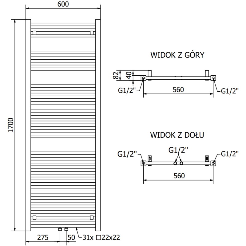 Mexen Pluton vonios kambario radiatorius 1700 x 600 mm, 991 W, juodas - W106-1700-600-00-70