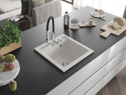 Mexen Vito granitinis vienos kameros plautuvė su virtuviniu maišytuvu Aster, baltas - 6503-20-73450-07