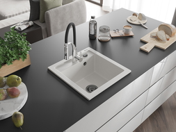 Mexen Vito granito virtuvės kriauklė 1-skyrius su virtuvės maišytuvu Aster, balta - 6503-20-73450-07-B