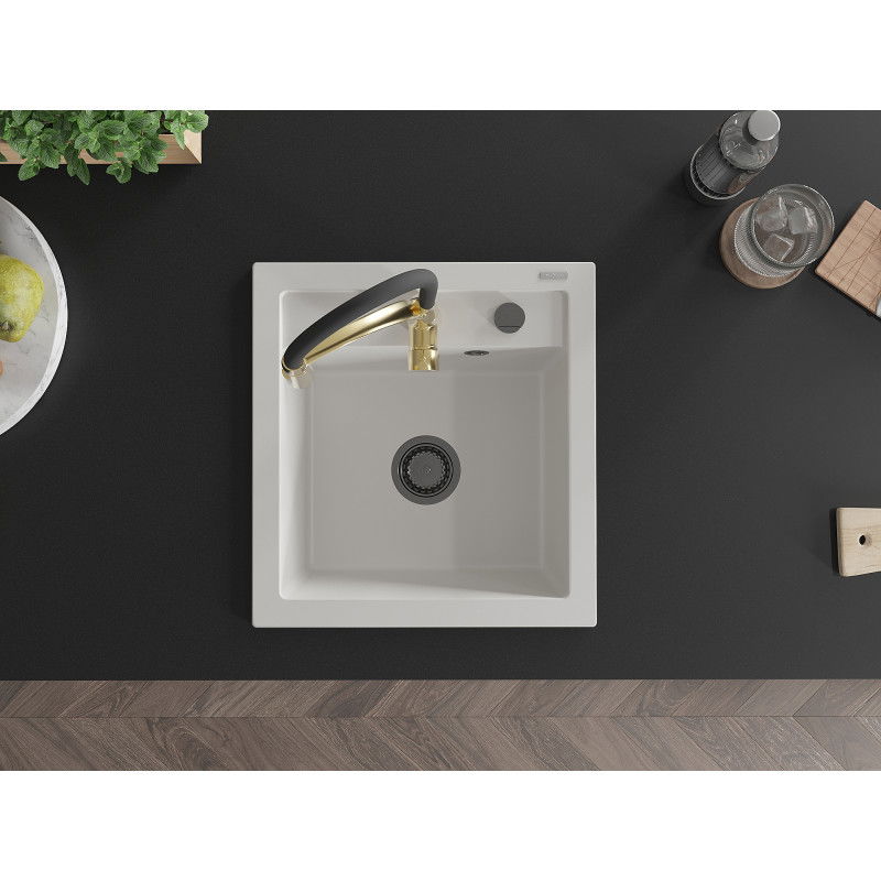 Mexen Vito vienos kameros granitinė plautuvė su virtuvės maišytuvu Aster, baltas - 6503-20-73450-57-B