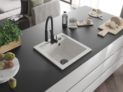 Mexen Vito granito virtuvės kriauklė su viena dubeniu ir virtuvės maišytuvu Aster, balta - 6503-20-73450-70-B