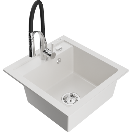 Mexen Vito granitinis vienos kameros plautuvė su virtuviniu maišytuvu Aster, baltas - 6503-20-73450-07