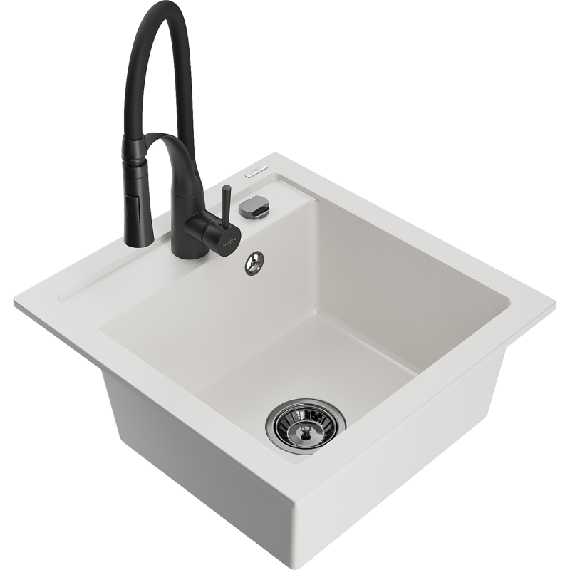 Mexen Vito granito virtuvės kriauklė su viena dubeniu ir virtuvės maišytuvu Aster, balta - 6503-20-73450-70-B