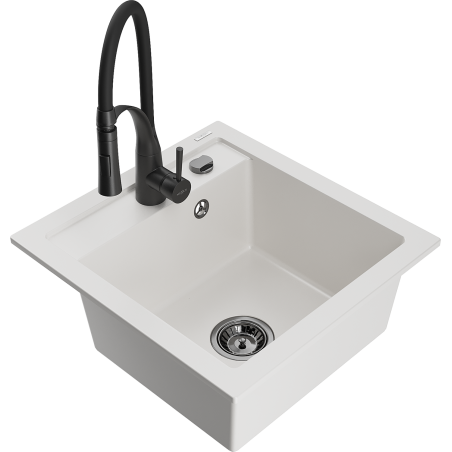 Mexen Vito granito virtuvės kriauklė su viena dubeniu ir virtuvės maišytuvu Aster, balta - 6503-20-73450-70-B