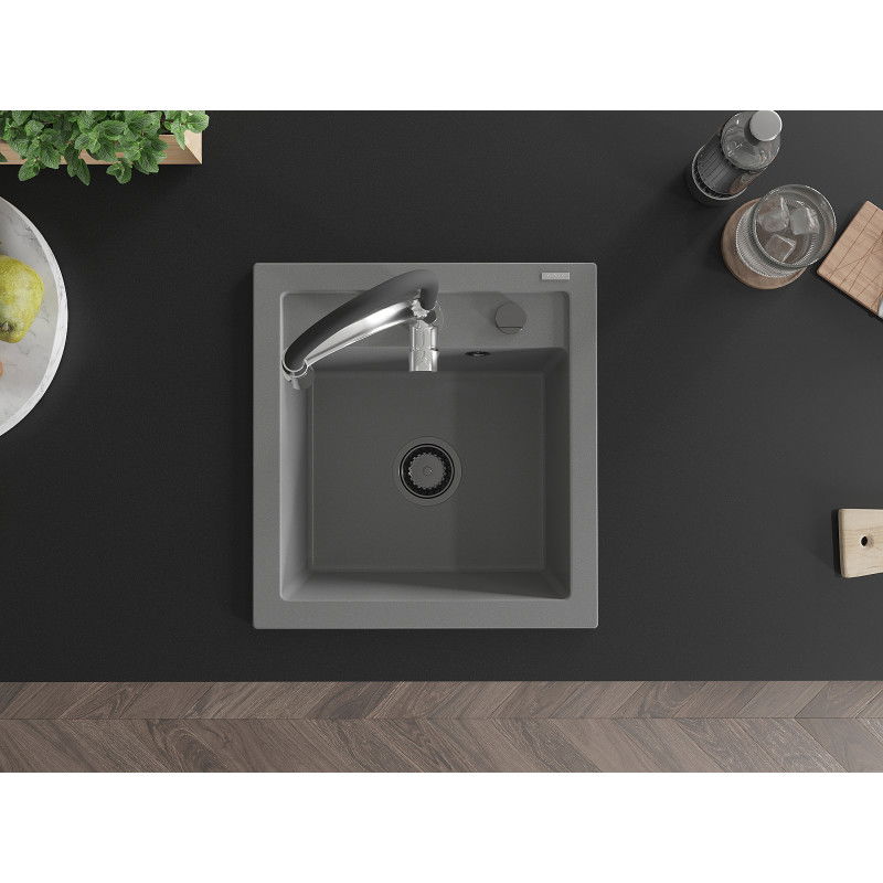 Mexen Vito granitinis vienos kameros virtuvės kriauklė su virtuviniu maišytuvu Aster, pilka - 6503-71-73450-07-B