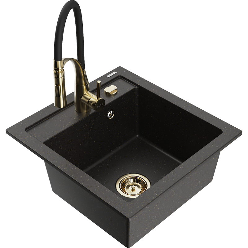 Mexen Vito granitinė vienos talpos plautuvė su virtuviniu maišytuvu Aster, juoda/auksinė metalo spalvos - 6503-75-73450-57-G