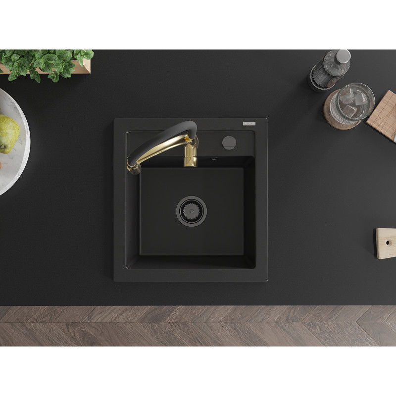 Mexen Vito vienos plautuvės granito kriauklė su virtuvės maišytuvu Aster, juoda - 6503-77-73450-57-B