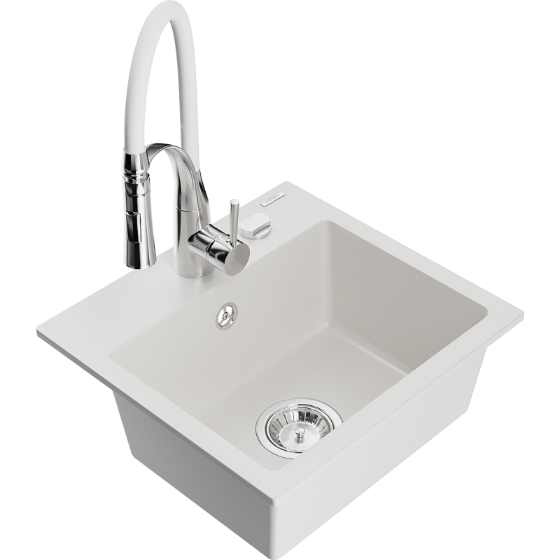 Mexen Milo granito plautuvė 1 skyrelio su virtuviniu maišytuvu Aster, baltas - 6505-20-73450-02