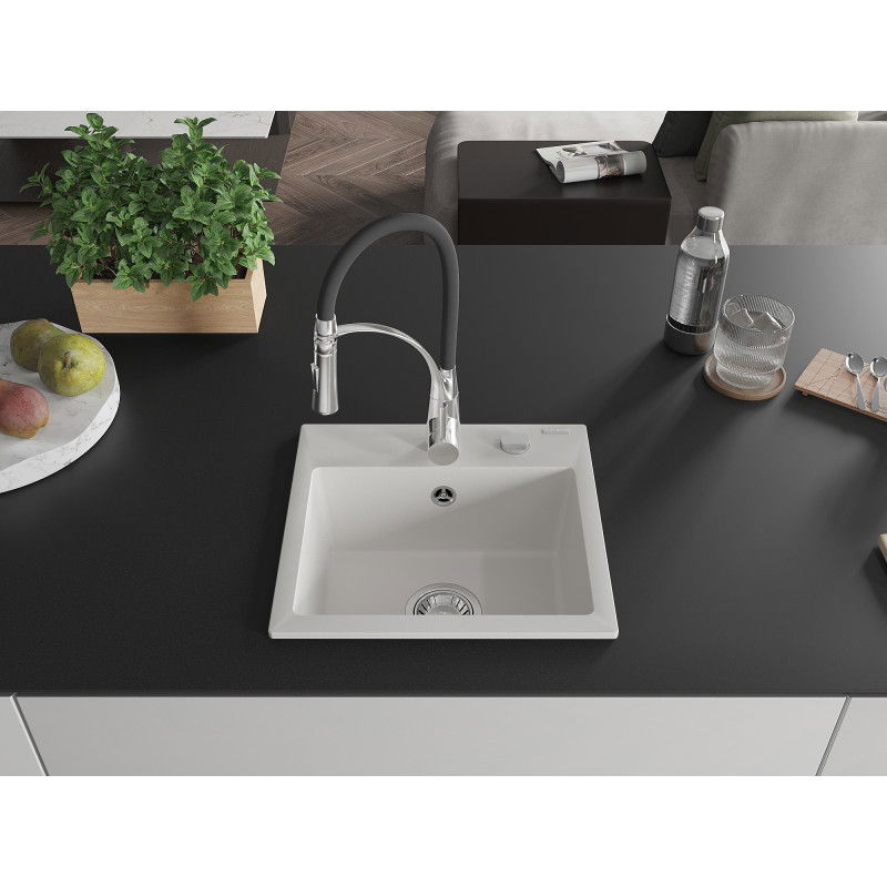 Mexen Milo 1-dubenėlis granitinis plautuvas su Astra virtuvės maišytuvu, baltas - 6505-20-73450-07
