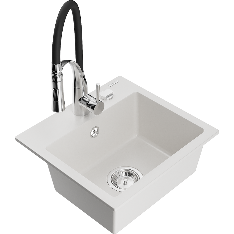 Mexen Milo 1-dubenėlis granitinis plautuvas su Astra virtuvės maišytuvu, baltas - 6505-20-73450-07