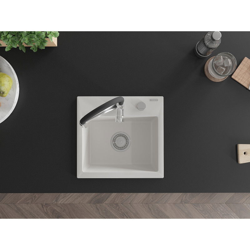 Mexen Milo 1-dubenėlis granitinis plautuvas su Astra virtuvės maišytuvu, baltas - 6505-20-73450-07