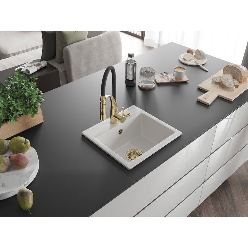 Mexen Milo granitinis vienos komoros plautuvė su virtuvės maišytuvu Aster, baltas - 6505-20-73450-57-G