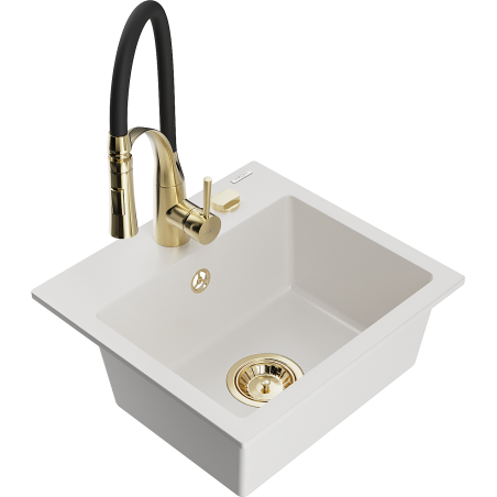 Mexen Milo granitinis vienos komoros plautuvė su virtuvės maišytuvu Aster, baltas - 6505-20-73450-57-G