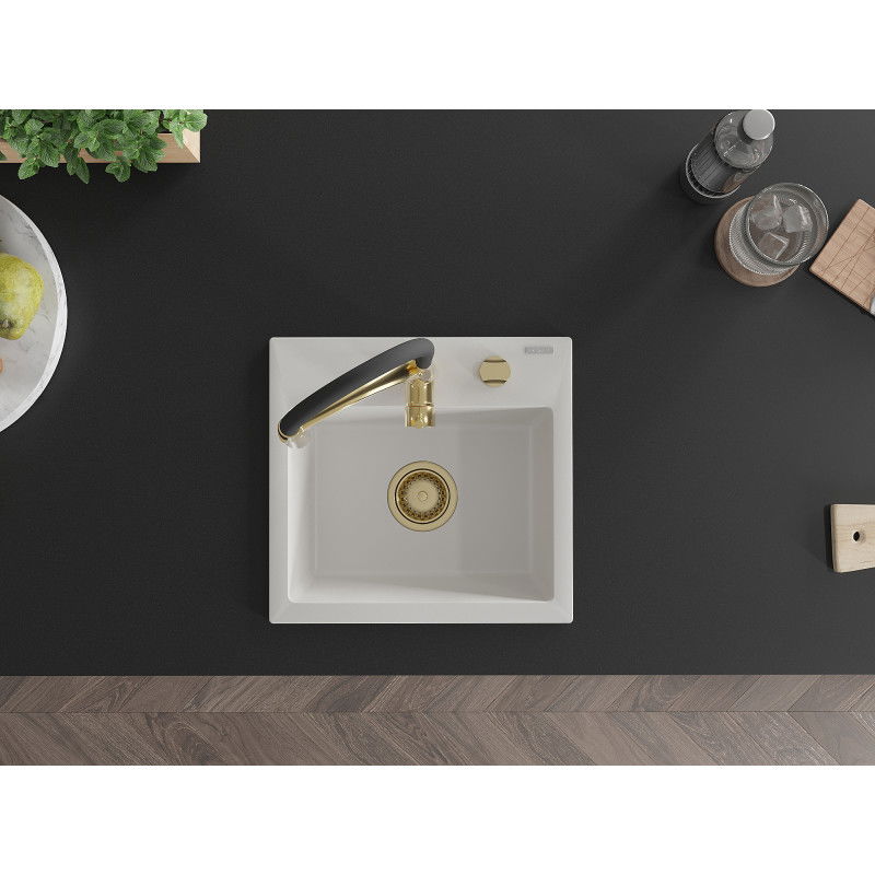 Mexen Milo granitinis vienos komoros plautuvė su virtuvės maišytuvu Aster, baltas - 6505-20-73450-57-G