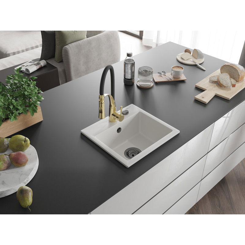 Mexen Milo granito plautuvė su viena kamera ir virtuviniu maišytuvu Aster, balta - 6505-20-73450-57-B