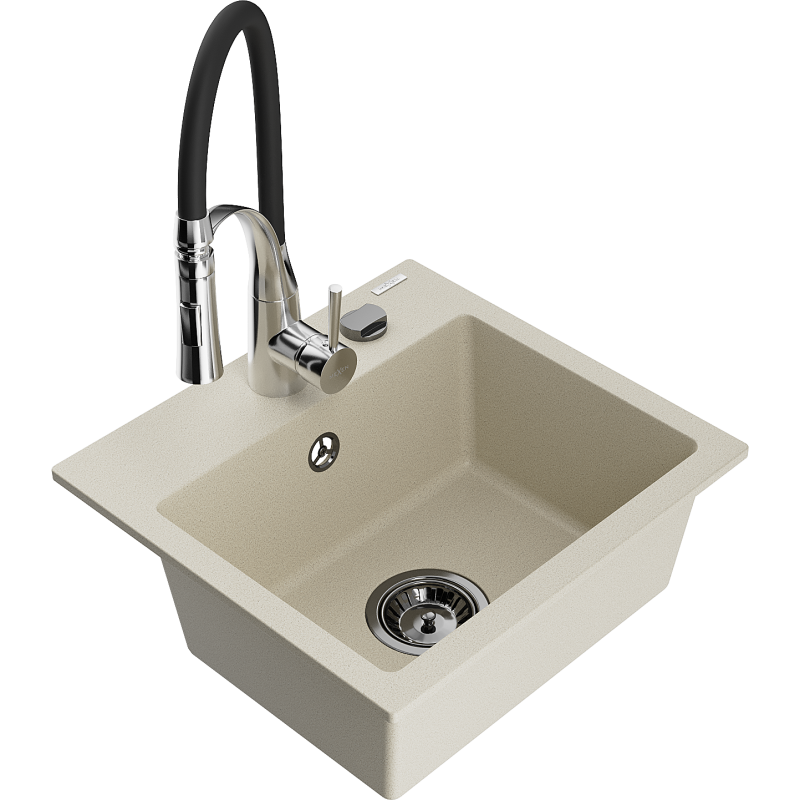 Mexen Milo vienos kameros granitinis plautuvas su Aster virtuviniu maišytuvu, smėlio spalvos - 6505-69-73450-07-B