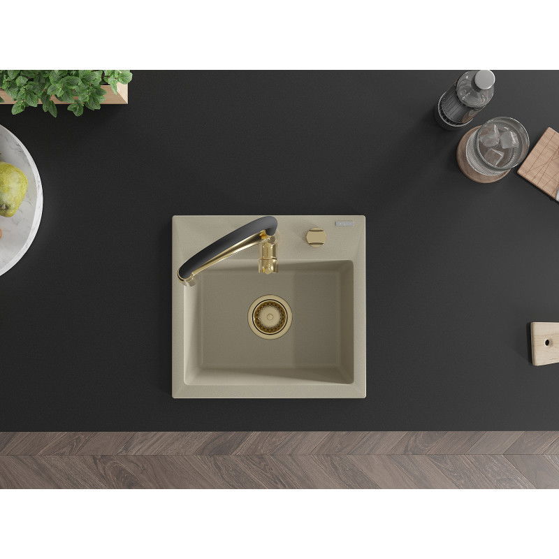 Mexen Milo vienos kameros granitinis kriauklė su virtuviniu maišytuvu Aster, smėlio spalvos - 6505-69-73450-57-G