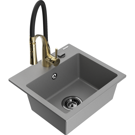 Mexen Milo vieno dubens granitinė plautuvė su virtuviniu maišytuvu Aster, pilka - 6505-71-73450-57-B