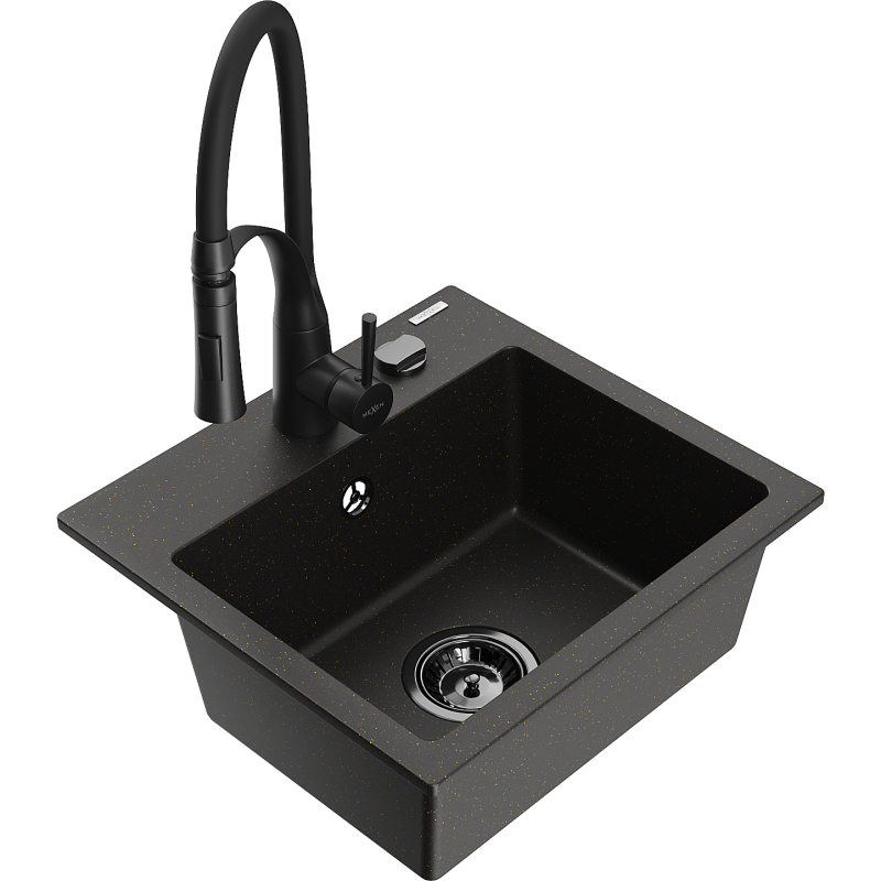 Mexen Milo granitinis praustuvas 1-dubenėlės su virtuvės maišytuvu Aster, juodas/auksinis metalikas - 6505-75-73450-70-B