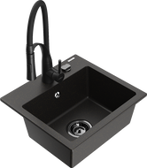 Mexen Milo granitinis praustuvas 1-dubenėlės su virtuvės maišytuvu Aster, juodas/auksinis metalikas - 6505-75-73450-70-B