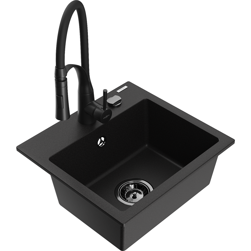 Mexen Milo vientisas akmens virtuvės kriauklė, 1 skyrius, su virtuvės maišytuvu Aster, juoda - 6505-77-73450-70-B