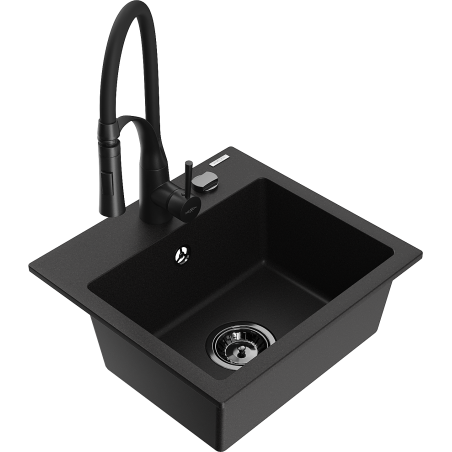 Mexen Milo vientisas akmens virtuvės kriauklė, 1 skyrius, su virtuvės maišytuvu Aster, juoda - 6505-77-73450-70-B