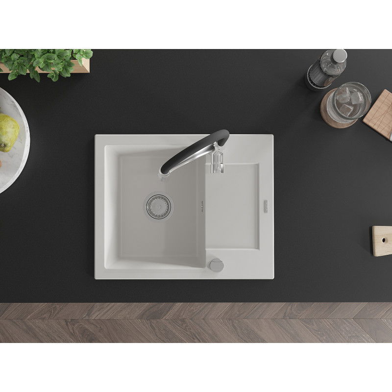 Mexen Enzo granito plautuvė su viena kamera, nusausinimo lentynėle ir virtuvės maišytuvu Aster, balta - 6506-20-73450-07