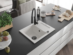 Mexen Enzo granito kriauklė su vienu dubeniu ir nusausintuvu bei virtuviniu maišytuvu Aster, balta - 6506-20-73450-70-B