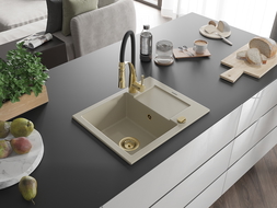 Mexen Enzo granito kriauklė su vienu dubeniu ir nusausinimu bei maišytuvu Aster, smėlio spalvos - 6506-69-73450-57-G